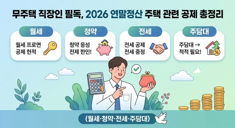 무주택 직장인 필독, 2026 연말정산 주택 관련 공제 총정리 (월세·청약·전세·주담대)