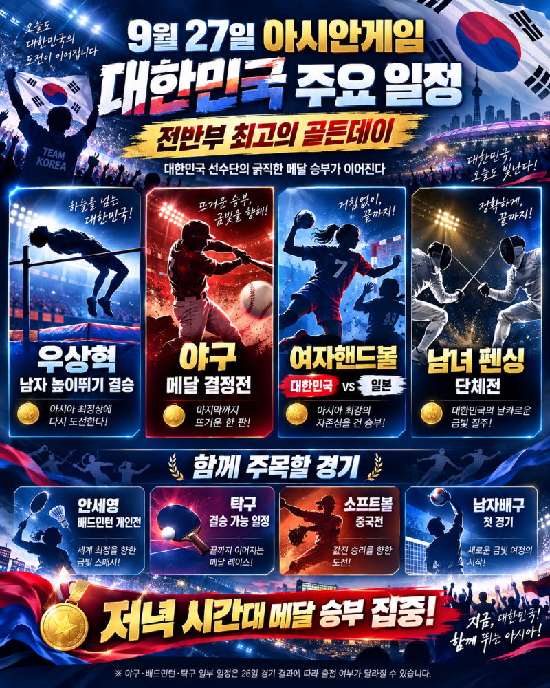9월 27일 아시안게임 대한민국 경기 일정｜우상혁 금메달·야구 결승·여자핸드볼 한일전