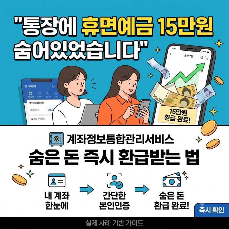 "통장에 휴면예금 15만원 숨어있었습니다" 계좌정보통합관리서비스 숨은 돈 즉시 환급받는 ....