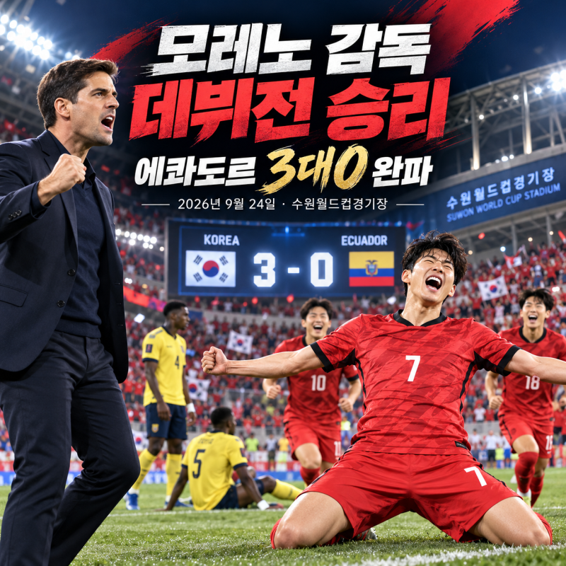 한국 에콰도르 3대0 완승! 모레노 감독 데뷔전 손흥민 프리킥 골까지~