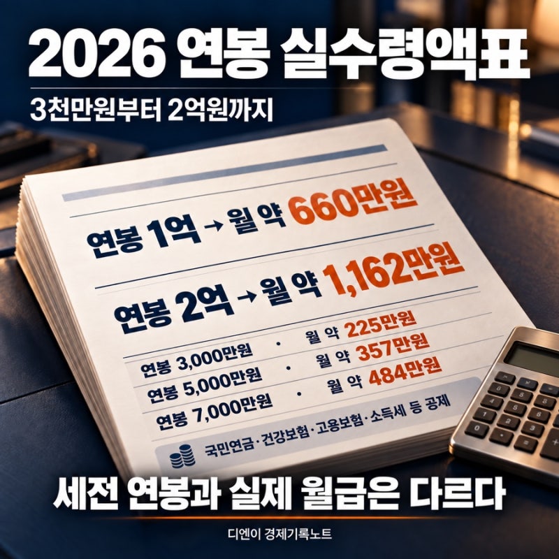 2026 연봉 실수령액표, 세후 월급·세금 1억·2억까지 계산 정리