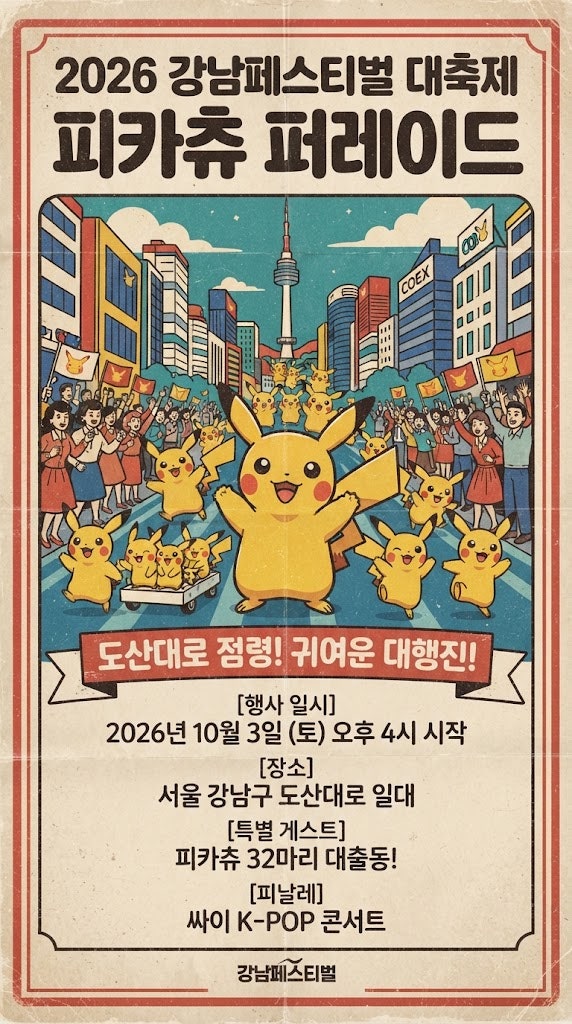 [강남 피카츄 퍼레이드] 도산대로를 점령한 귀여운 대행진! '2026 강남페스티벌 피카츄 퍼레이....