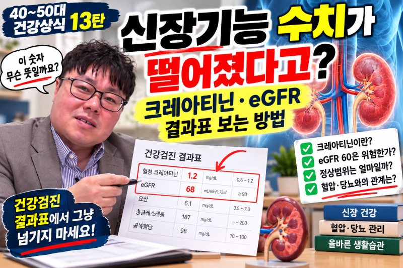 「40~50대 건강상식 13탄｜신장기능 수치가 떨어졌다고? 크레아티닌·eGFR 결과표 보는 방법」