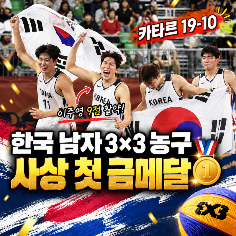 한국 남자 3×3 농구 사상 첫 금메달 카타르 19-10 이주영 9점 활약