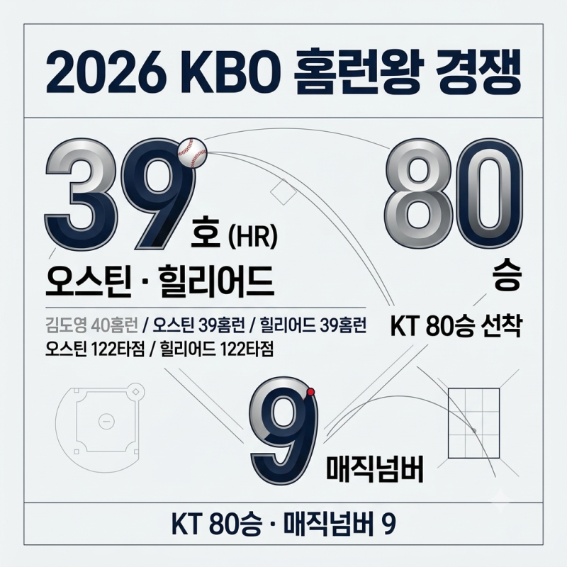 2026 KBO 홈런왕, 타점왕 경쟁｜오스틴, 힐리어드 39호, KT 80승, 매직넘버 9