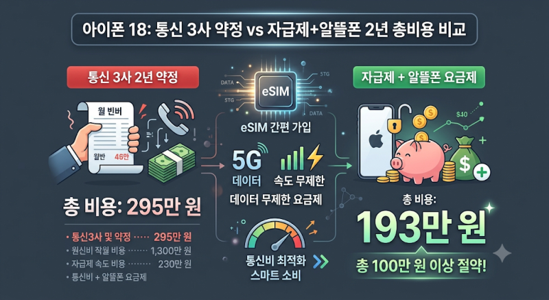 아이폰 18 자급제 + 알뜰폰 요금제 조합 추천: 통신비 50% 절약 계산표 및 eSIM 셀프 개통 가이드