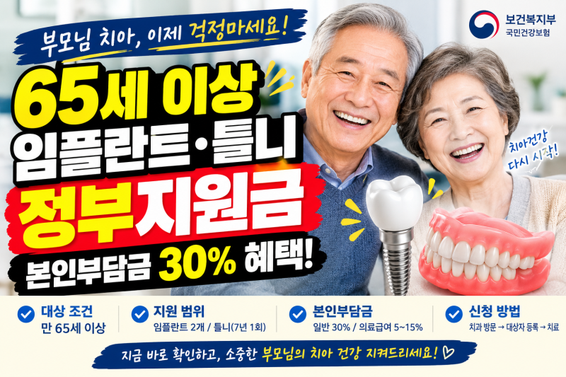 65세 이상 임플란트 틀니 정부지원금 정리: 본인부담금 30% 혜택 및 신청 방법