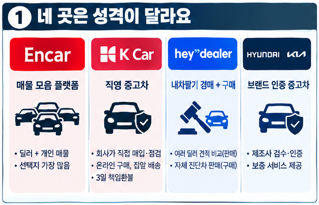 엔카·케이카·헤이딜러·현대기아 인증중고차 비교 — 장단점부터 누구에게 맞는지, 이용 평....