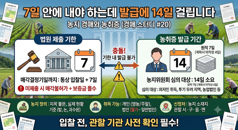 7일 안에 내야 하는데 발급에 14일 걸립니다 — 농지 경매와 농취증 (경매 스터디 #20)