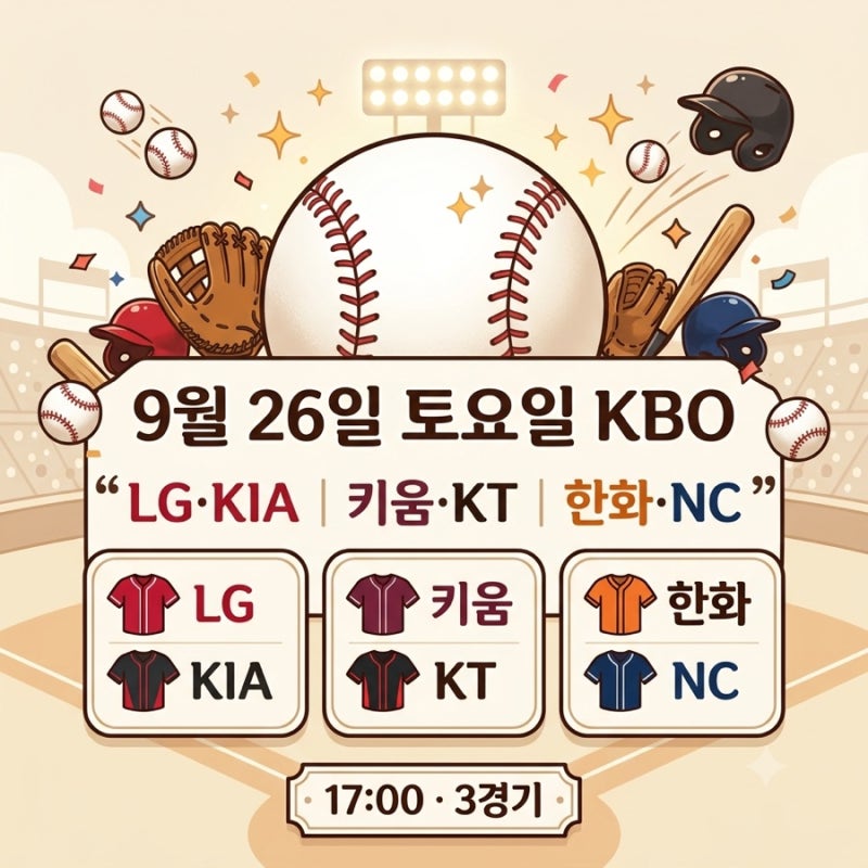 9월 26일 토요일 프로야구 일정｜LG-KIA·키움-KT·한화-NC 선발투수는?