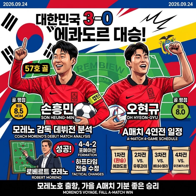 2026년 09월 24일 대한민국 에콰도르 평가전 3:0 대승! 모레노 감독 데뷔전 분석 및 한국 축구 대....