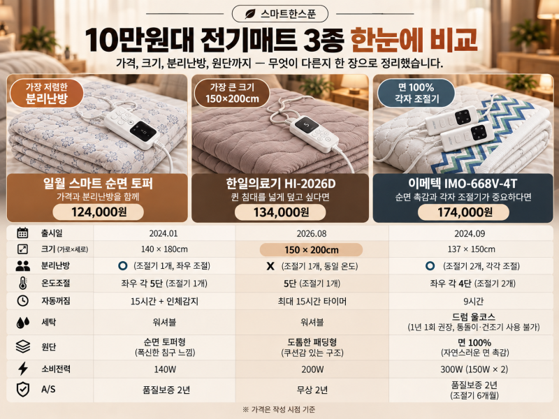 전기매트 10만원대 뭐 살까?｜이메텍·한일의료기·일월 3종 비교