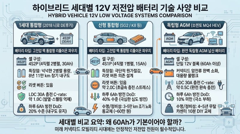 하이브리드 12V 배터리의 진실: 니로 1세대(30Ah) vs 신형 통합형(15Ah) vs 쏘렌토(AGM 60Ah), 커넥티....