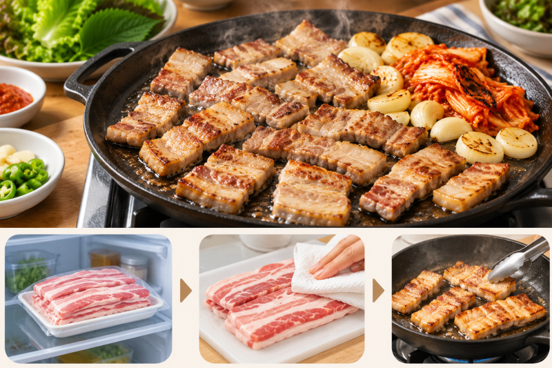 냉동 삼겹살 맛있게 먹는 법｜해동부터 굽기까지 간단 정리
