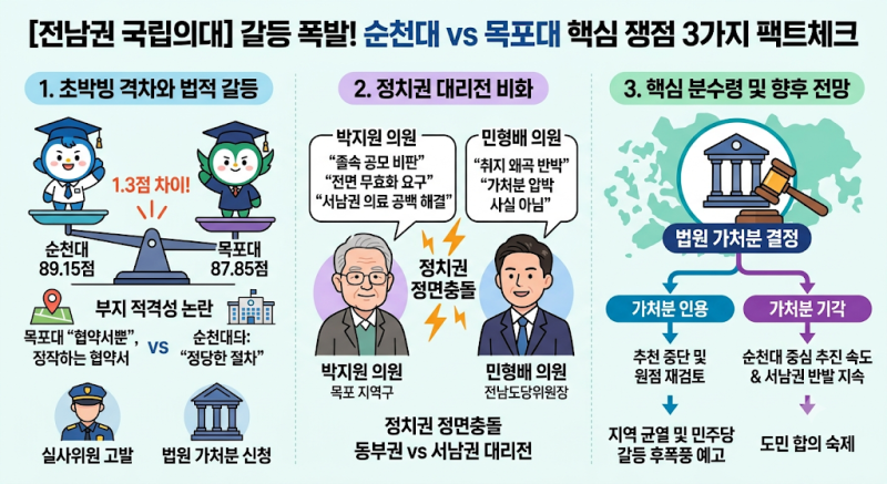 [전남권 국립의대] 1.3점 차로 갈린 순천대 vs 목포대? 법정 공방과 정치권 충돌 3가지 팩트체....