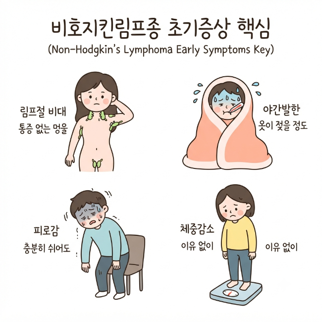 비호지킨림프종 초기증상 총정리｜림프절 비대·발열·야간발한·체중감소가 보내는 신호
