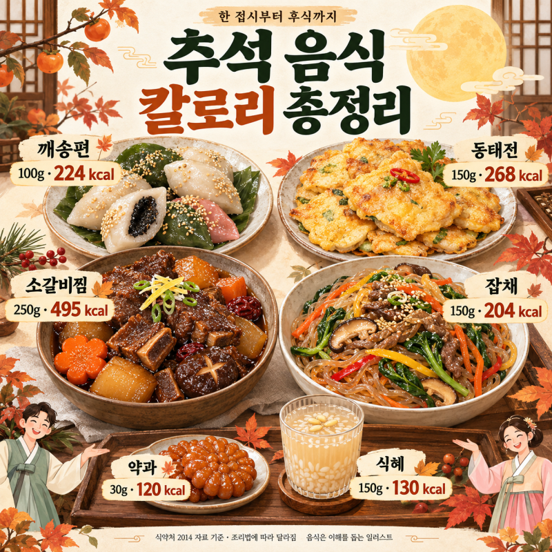 추석 음식 칼로리 총정리｜송편·전·갈비찜·잡채, 한 접시와 후식까지 계산