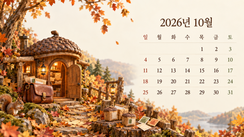 2026년 10월 키덜트 PC 달력 배경화면 5종 : 귀여운 가을 바탕화면