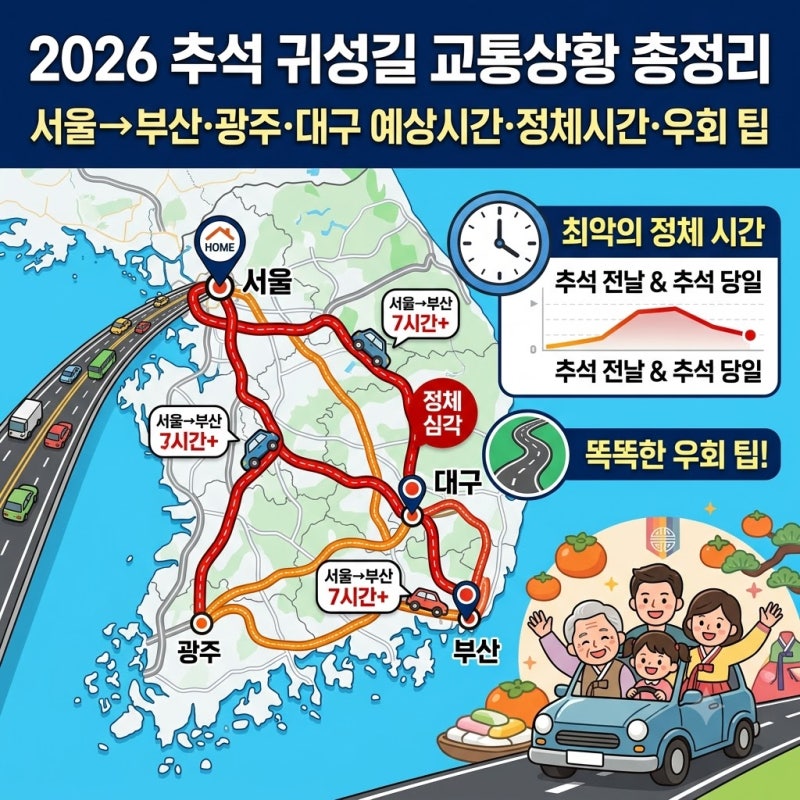 2026 추석 귀성길 교통상황 총정리｜서울→부산·광주·대구 예상시간·정체시간·우회 팁