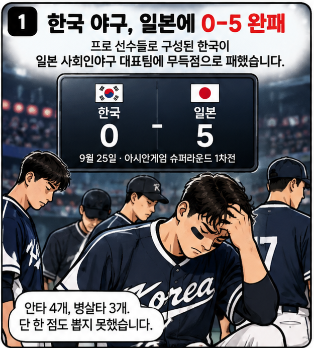 추석날 저녁, 한국 야구가 일본에 0-5로 완패했다.