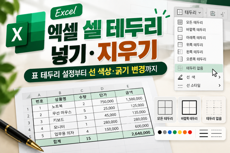 엑셀 셀 테두리 넣기·지우기｜표 테두리 설정부터 선 색상·굵기 변경까지