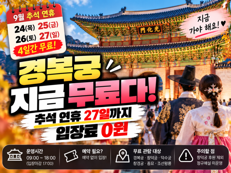 경복궁 지금 무료다! 추석 연휴 27일까지 입장료 0원…운영시간 총정리