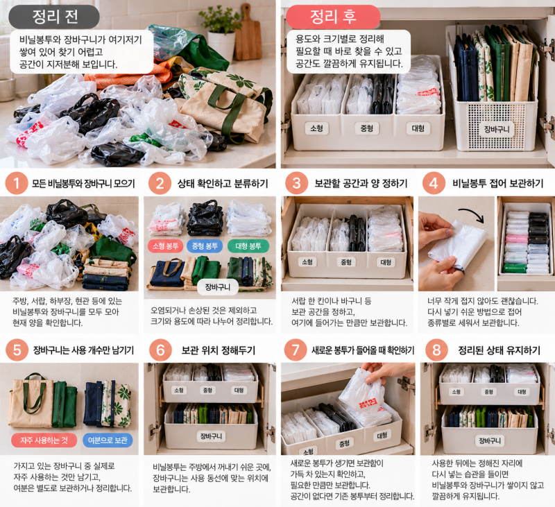 주방에 비닐봉투와 장바구니가 계속 쌓인다면, 보관 기준부터 정해보기