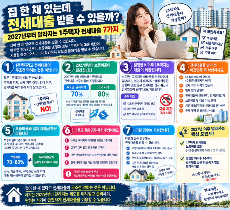 집 한 채 있는데 전세대출 받을 수 있을까? 2027년부터 달라지는 1주택자 전세대출 7가지