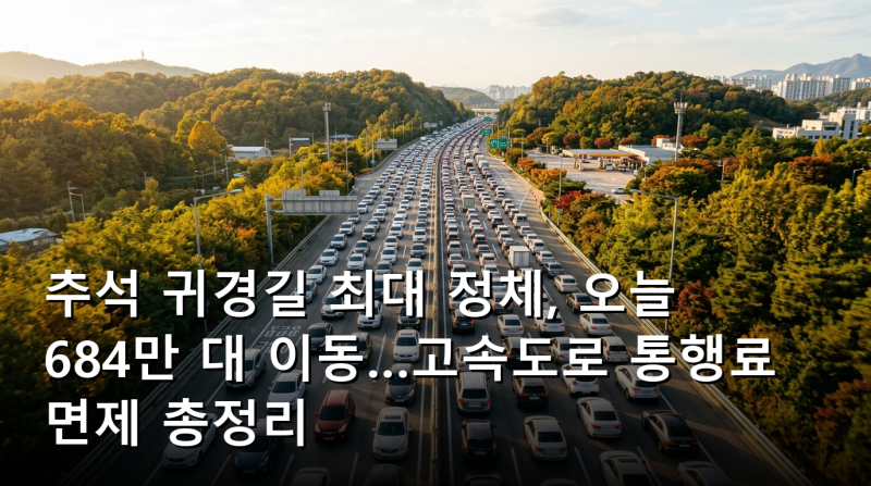 추석 귀경길 최대 정체, 오늘 684만 대 이동…고속도로 통행료 면제 총정리