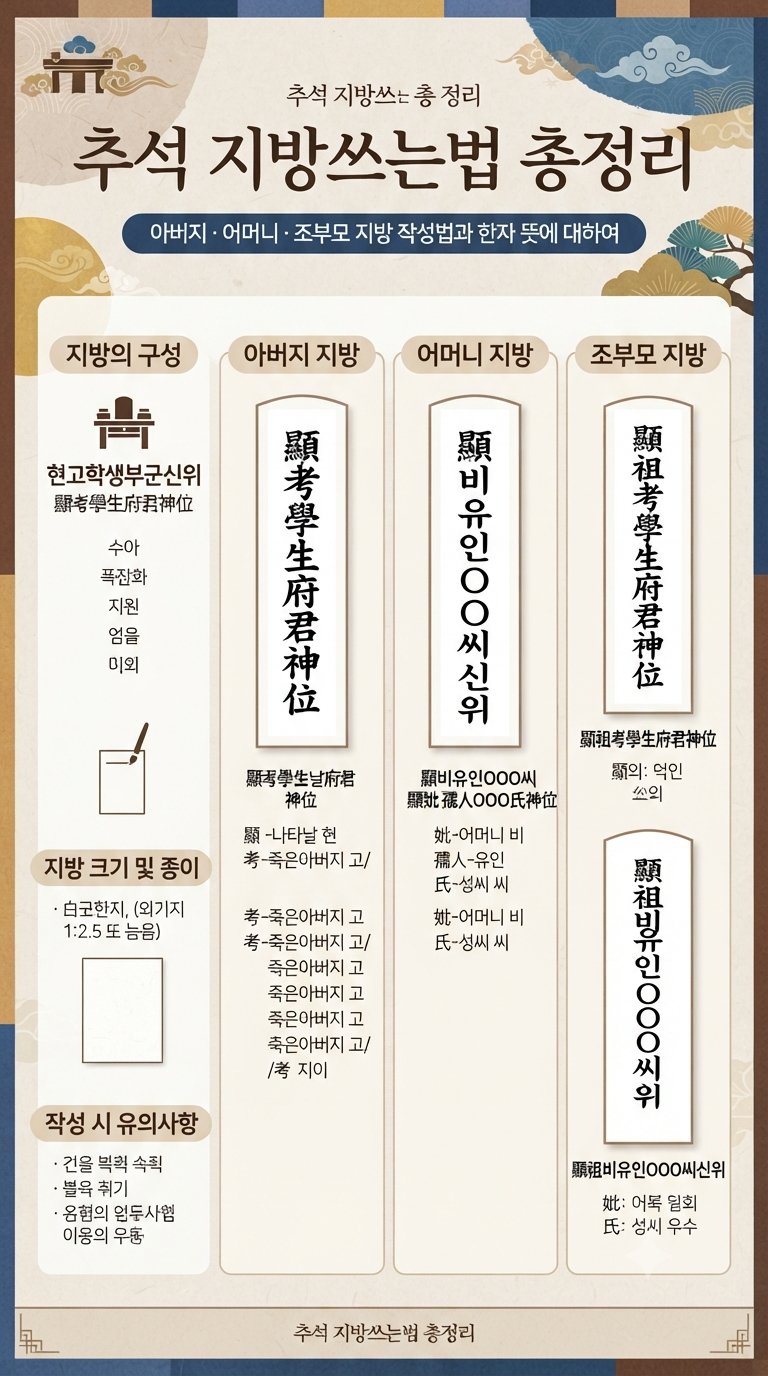 추석 지방쓰는법 총정리｜아버지·어머니·조부모 지방 작성법과 한자 뜻