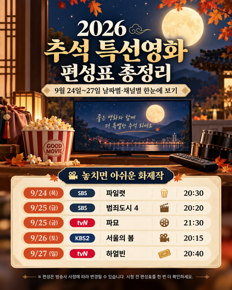2026 추석 특선영화 편성표 총정리｜9월 25~27일 SBS·EBS·tvN 오늘 뭐 볼까?