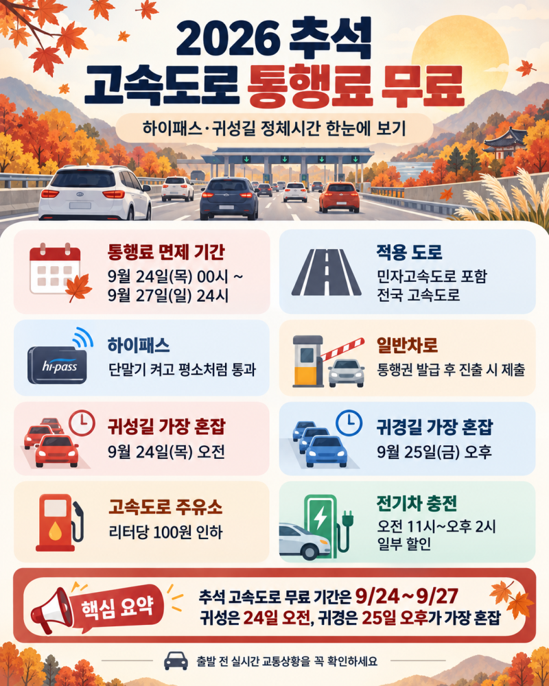 2026 추석 고속도로 통행료 면제 기간 하이패스 귀성길 정체시간 총정리