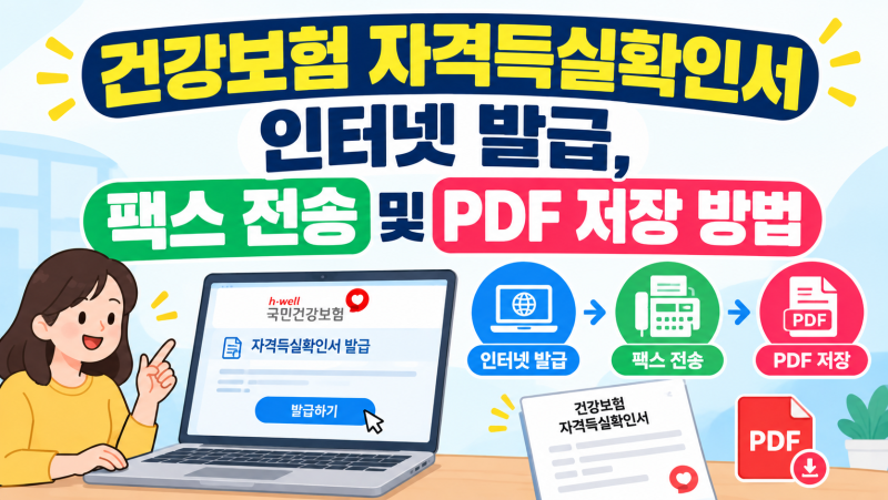 건강보험 자격득실확인서 인터넷 발급, 국민건강보험공단 팩스 전송 및 PDF 저장 방법