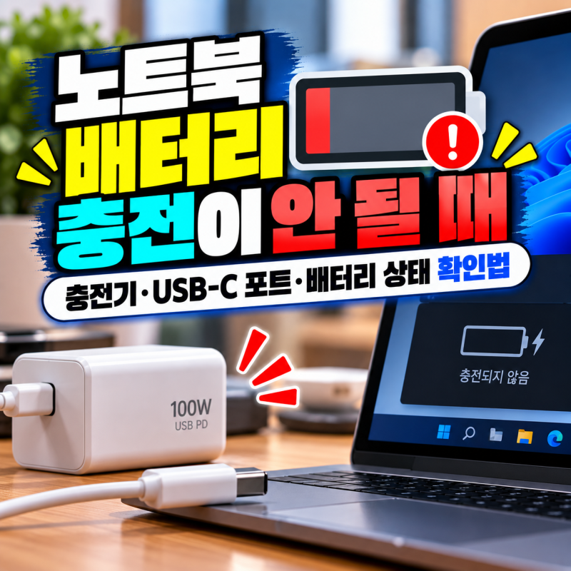 노트북 배터리 충전이 안 될 때｜충전기·USB-C 포트·배터리 상태 확인법