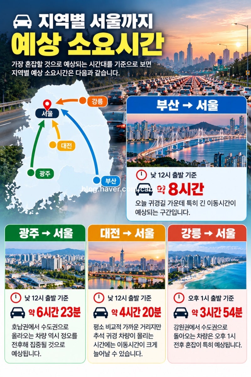[교통상황 체크] 2026년 9월 25일 추석 고속도로 정체시간｜귀경길 지역별 예상 소요시간