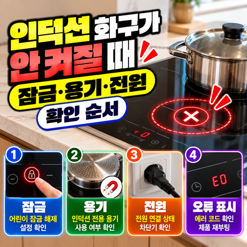 인덕션 화구가 안 켜질 때｜잠금·용기·전원 확인 순서