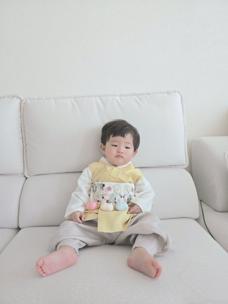 아기 추석 한복 내돈내산 꼬까한복 보리긴배자 1호 착용샷, 아토피 아기 원단/돌띠 팁
