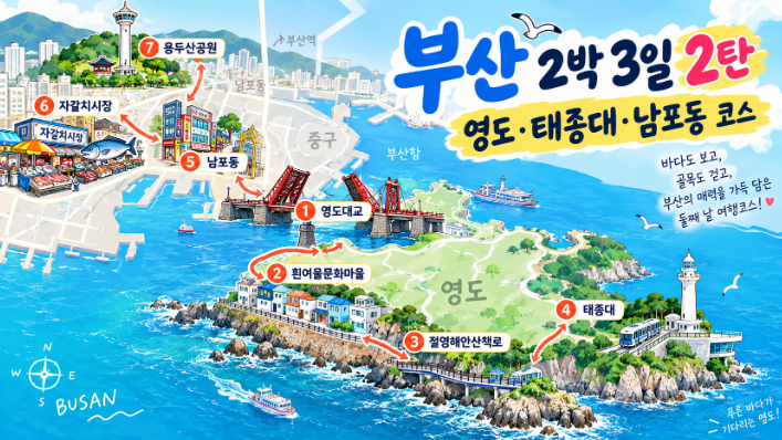 【釜山2泊3日旅行記 第2弾】白いヨウル文化村・太宗台・南浦洞、影島からチャガルチまで2日目コース