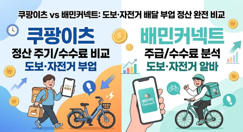 쿠팡이츠 배민커넥트 도보 자전거 배달 부업 정산 비교 분석
