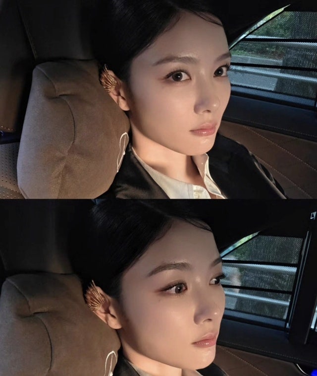 김유정, 금빛 부채 귀걸이 한쪽 귀 감싼 부채 모양 액세서리