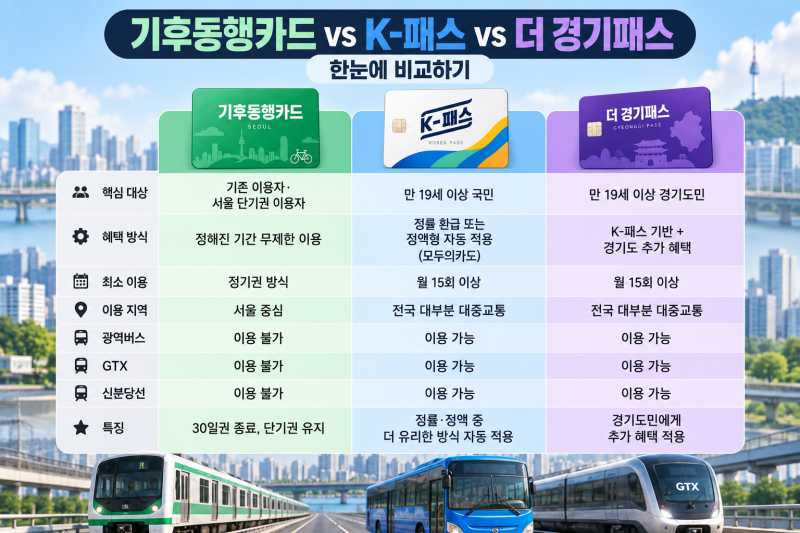 기후동행패스 vs K-패스 vs 더 경기패스 : 2026 교통비 혜택 총정리