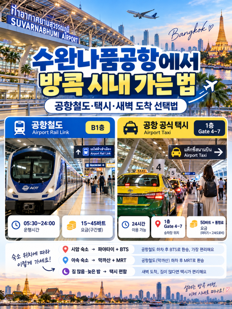 수완나품공항에서 방콕 시내 가는 법 총정리｜공항철도·택시·새벽 도착 선택법