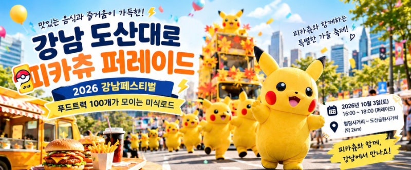 강남 도산대로 피카츄 퍼레이드 2026 강남페스티벌 10월 3일 깜짝 등장