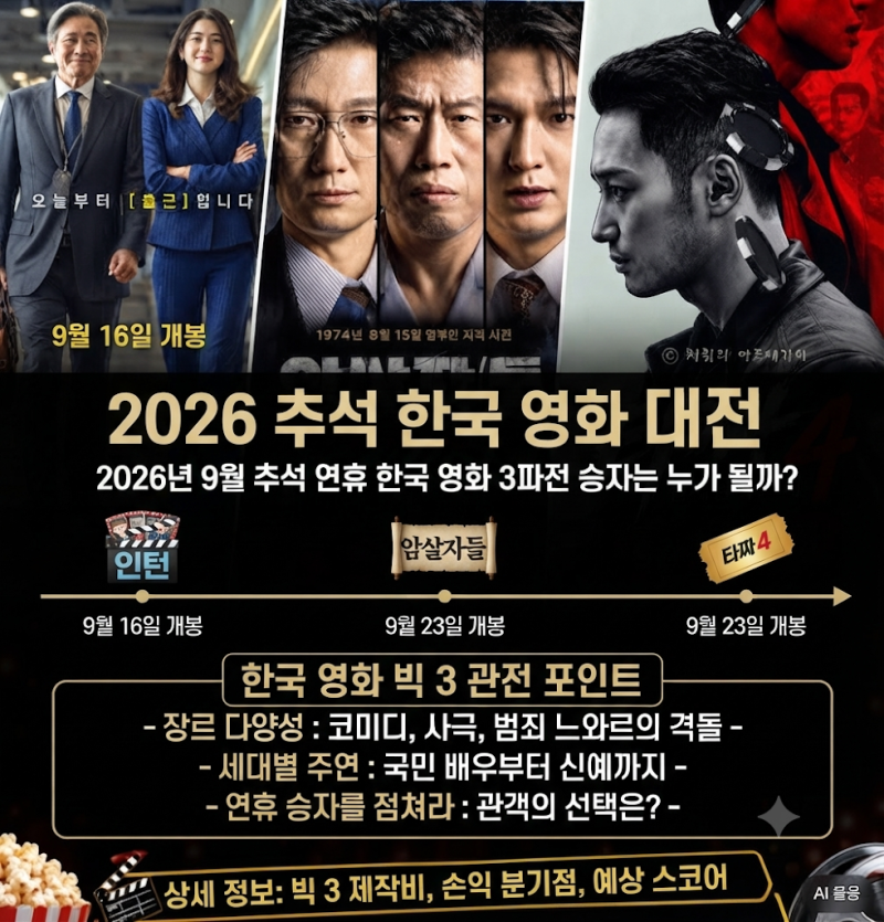 2026 추석 한국영화 3파전, 인턴 vs 암살자(들) vs 타짜4 평점·손익·관객 비교추석 흥행 승자는 ....