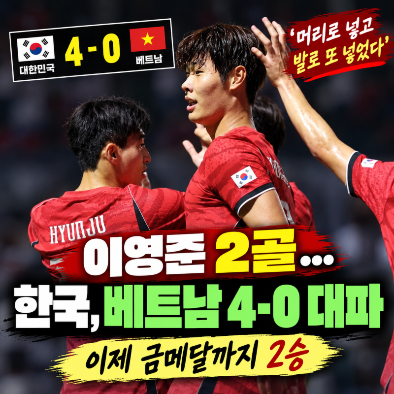 “머리로 넣고 발로 또 넣었다” 이영준 2골…한국, 베트남 4-0 대파(+이제 금메달까지 2승)