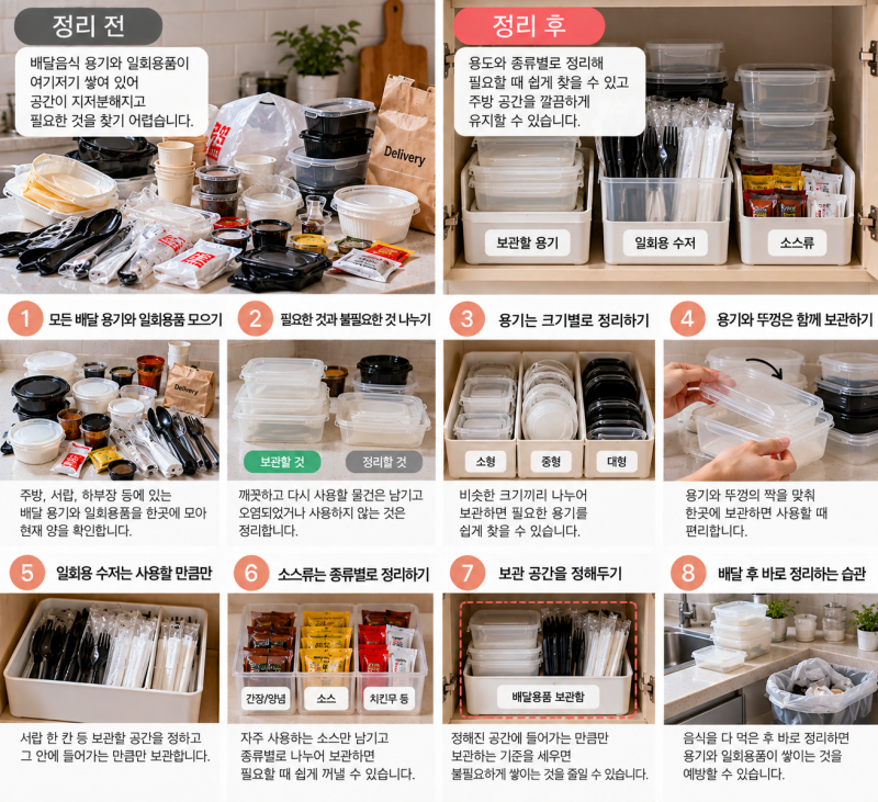 배달음식 용기와 일회용품이 자꾸 쌓인다면, 주방 정리 기준 세우기