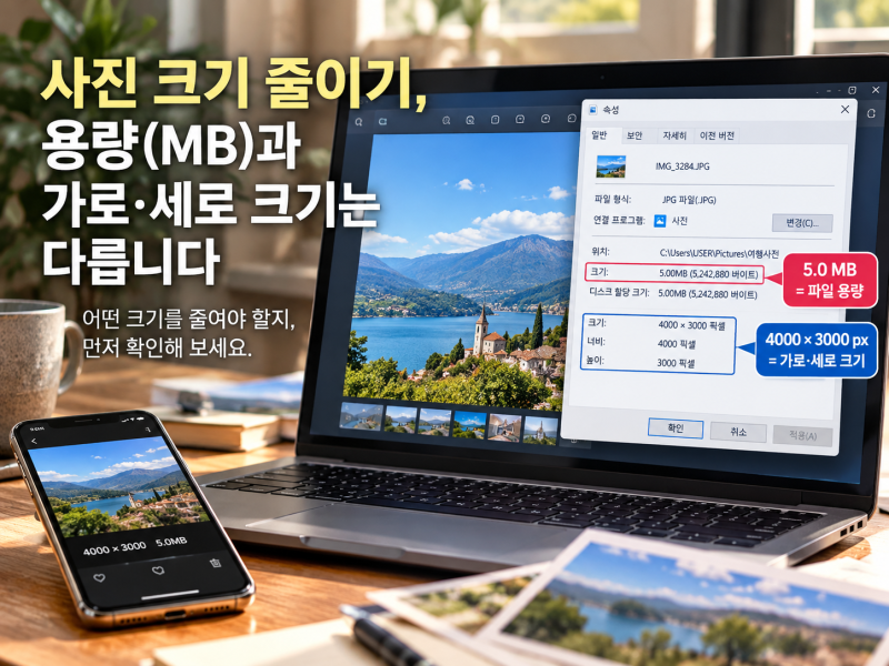 사진 크기 줄이기, 용량(MB)과 가로·세로 크기는 다릅니다