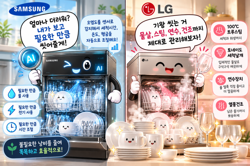 삼성 vs LG 식기세척기 비교, 두 회사가 설거지하는 방법은 꽤 달랐다.