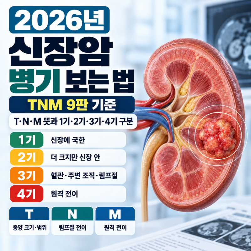 신장암 병기 보는 법: T·N·M 뜻과 1기·2기·3기·4기 구분｜2026년 TNM 9판 기준