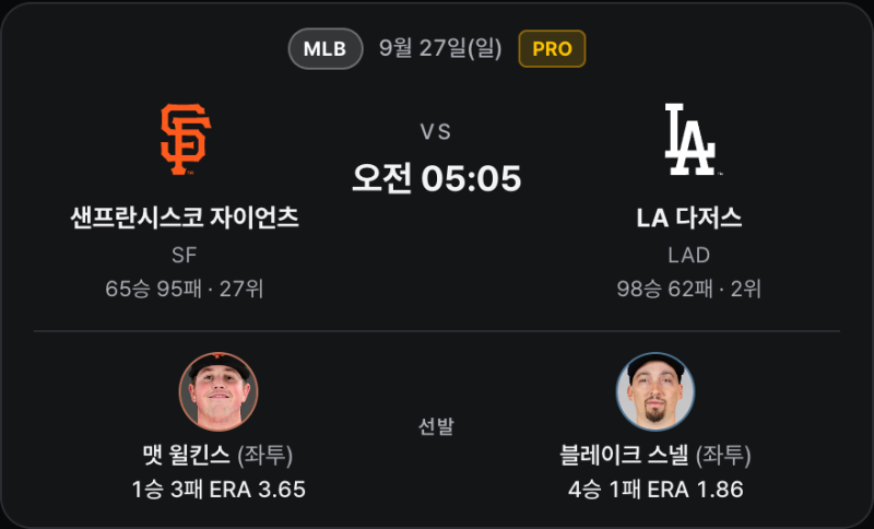 9월 27일 샌프란시스코 vs 다저스 분석｜스넬 복귀전, 윌킨슨은 다시 버틸까